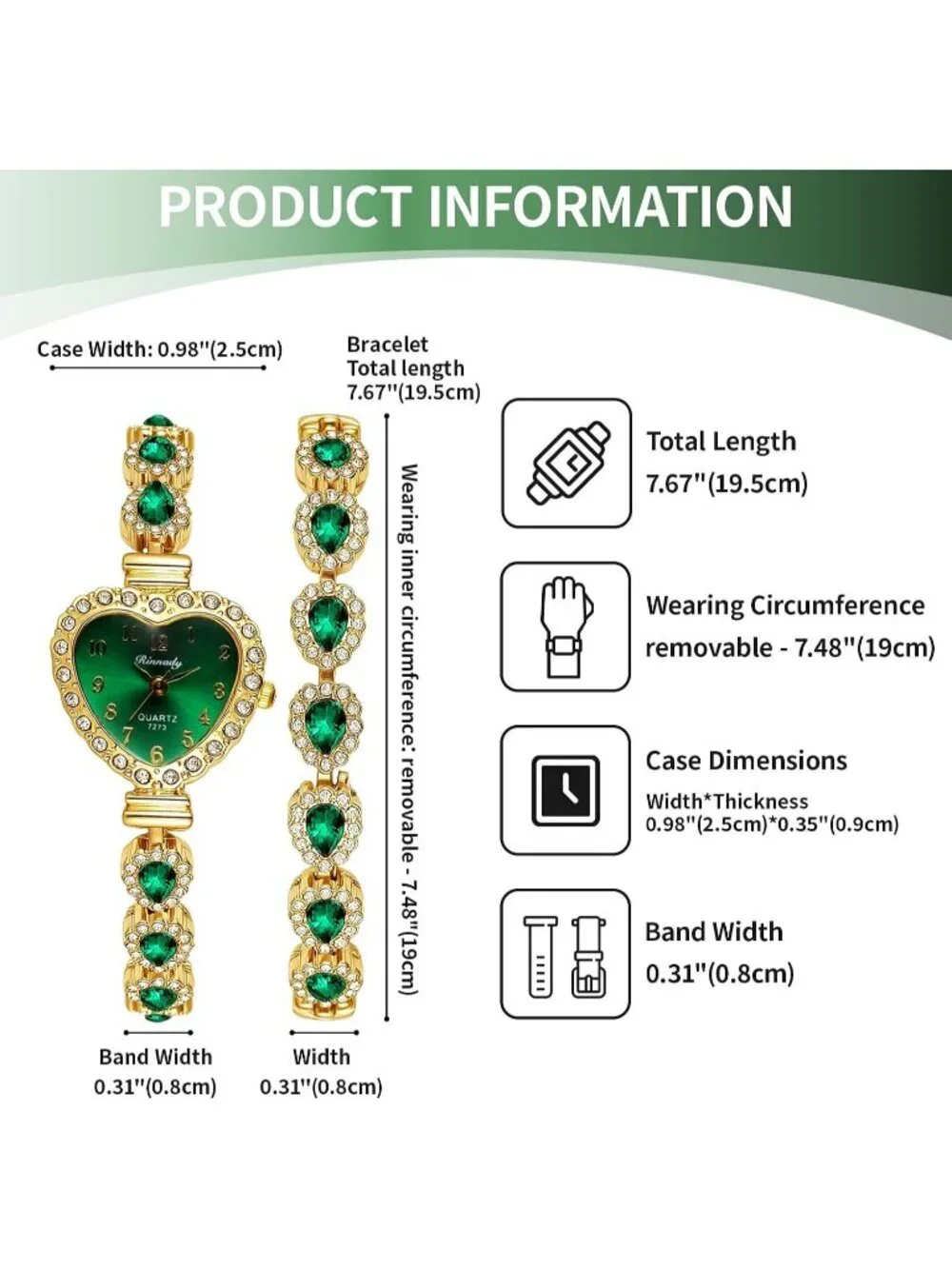 Women's Green Heart Dial Bracelet Set Birthstone Crystal Quartz Display Watches